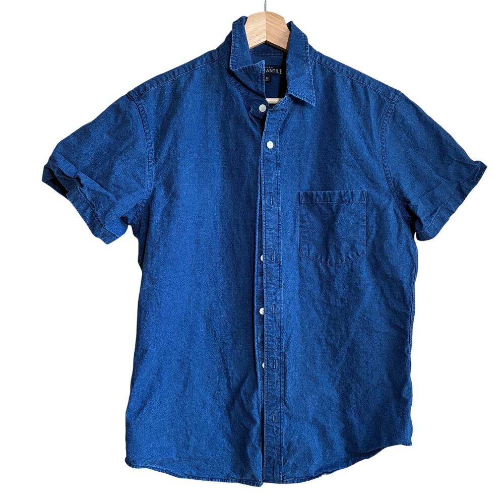 J.Crew Mercantile jean fabric short sleeved blue button down shirt men's size M